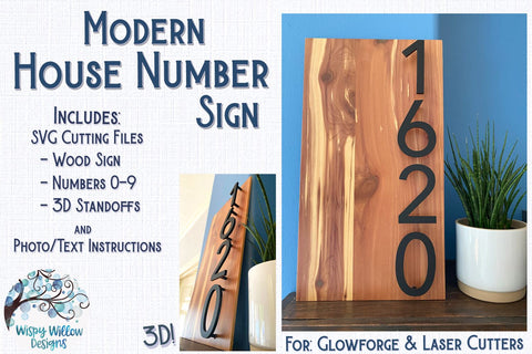 Modern House Number Sign File for Glowforge or Laser Cutter SVG Wispy Willow Designs 