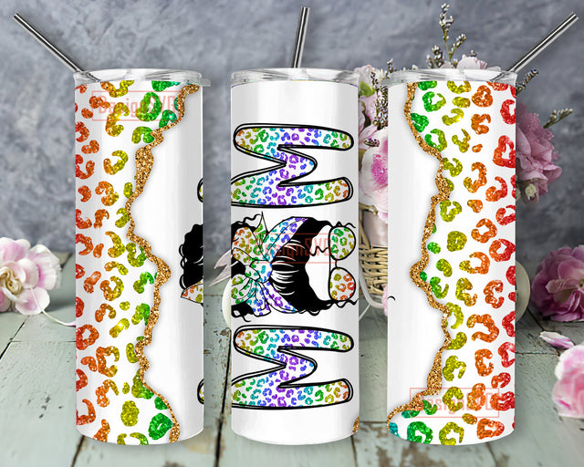 Mom 20oz Skinny Tumbler, Messy Bun Mom Leopard Neon Glitter Full Tumbler Wrap, Mom Glitter Design Png, Mom Love Png, Mothers Day Sublimation Design, Digital Download Sublimation DesignSVG 