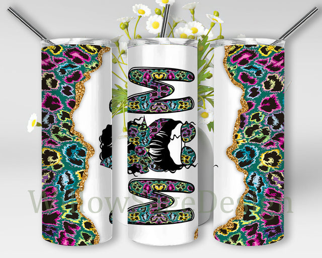 Mom 20oz Skinny Tumbler, Messy Bun Mom Leopard Tumbler Png, Colorful Leoprad Glitter Tumbler Wrap, Mother's Day Tumbler Template, Mom Sublimation Design for Straight, Instant Download Sublimation WillowSageDesign 