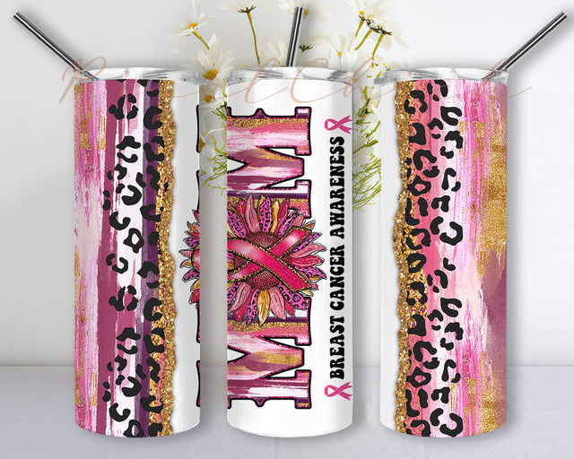 Mom Breast Cancer Awareness Tumbler Design, Breast Cancer 20oz Skinny Tumbler, Pink Ribon Design Png, Pink Brush Glitter Tumbler Wrap, Pink Sunflower Tumbler Png, Digital Download Sublimation PixelChick 
