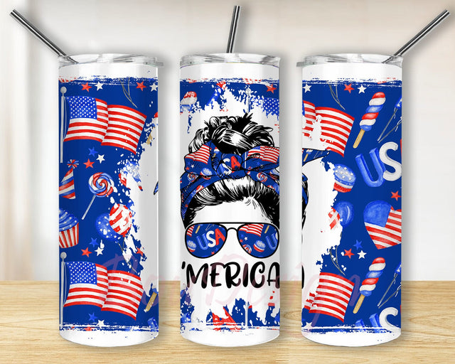 Mom Bun Hair Bright Merica 4th of July 20oz Skinny Tumbler, Messy Bun America Design, Merica Messy Bun American Flag Tumbler Sublimation BouDesign 