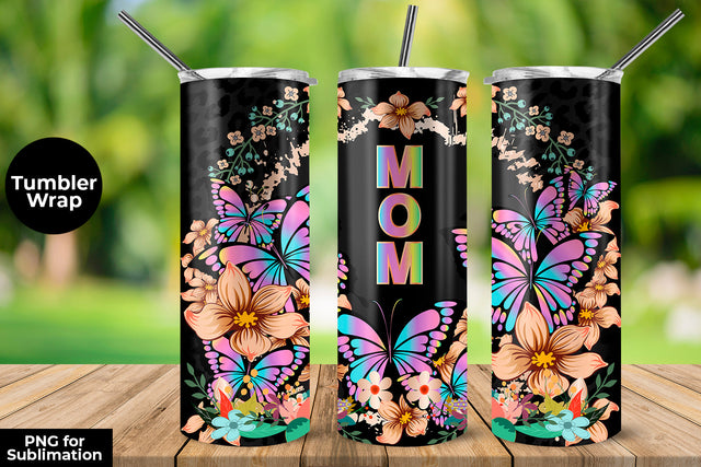 MOM Colorful Butterflies & Flowers 20 oz Skinny Tumbler Wrap Sublimation Design Sublimation Sublimatiz Designs 