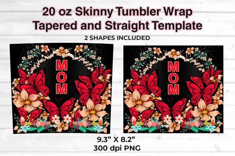 MOM Fucsia Butterflies & Flowers 20 oz Skinny Tumbler Wrap Sublimation Design Sublimation Sublimatiz Designs 