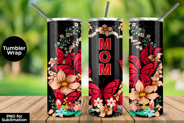 MOM Fucsia Butterflies & Flowers 20 oz Skinny Tumbler Wrap Sublimation Design Sublimation Sublimatiz Designs 