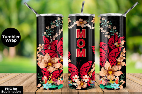 MOM Fucsia Butterflies & Flowers 20 oz Skinny Tumbler Wrap Sublimation Design Sublimation Sublimatiz Designs 