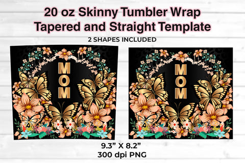 MOM Gold Butterflies & Flowers 20 oz Skinny Tumbler Wrap Sublimation Design Sublimation Sublimatiz Designs 