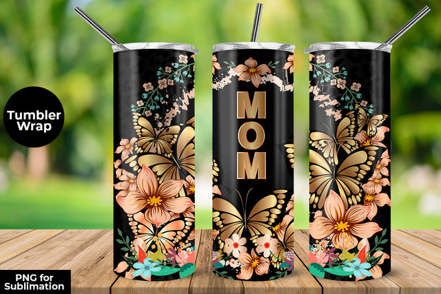 MOM Gold Butterflies & Flowers 20 oz Skinny Tumbler Wrap Sublimation Design Sublimation Sublimatiz Designs 
