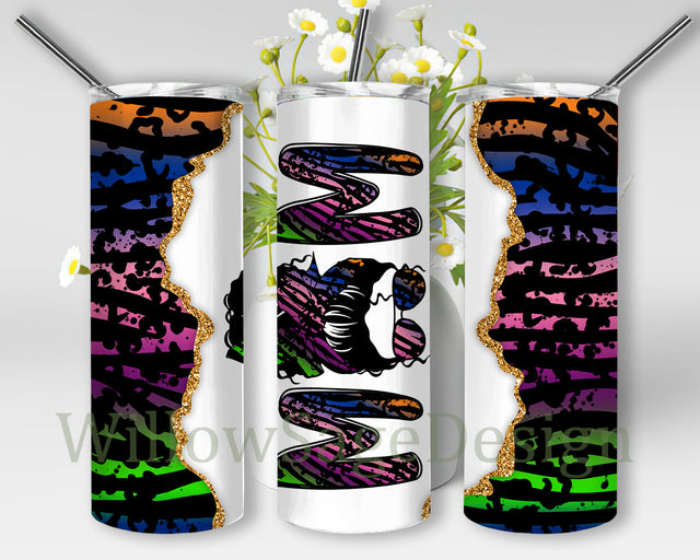 Mom Leopard 20oz Skinny Tumbler, Messy Bun Hair Leopard Tumbler Png, Mother's Day Design Tumbler, Colorful Mom Glitter Design Png, Mom Sublimation Design, Instant Download Sublimation WillowSageDesign 