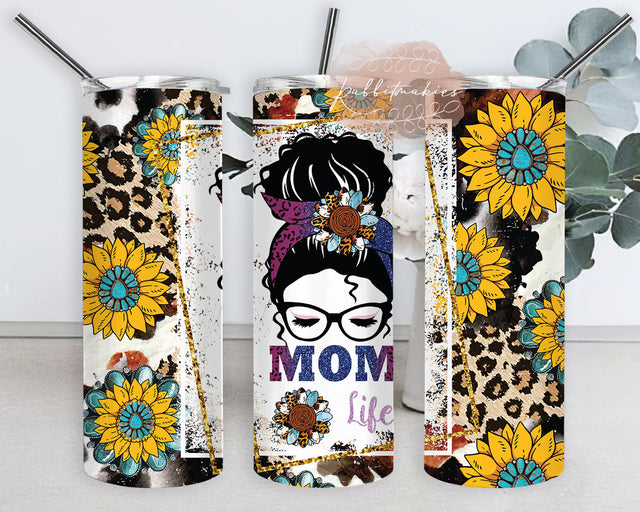 Mom Life 20oz Skinny Tumbler, Messy Bun Leopard Glitter Tumbler, Sunflower Gemstone Design Tumbler, Leopard Cowhide Tumbler Png, Western Mom Tumbler Template, Instant Download Sublimation Rabbitmakies 