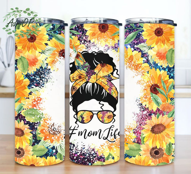 Mom Life Bun Hair Tumbler Designs, 20oz Skinny Tumbler Sublimation, Sunflower Tumbler for Straight/Tapered Tumbler PNG File Digital Download Sublimation AdriOP 