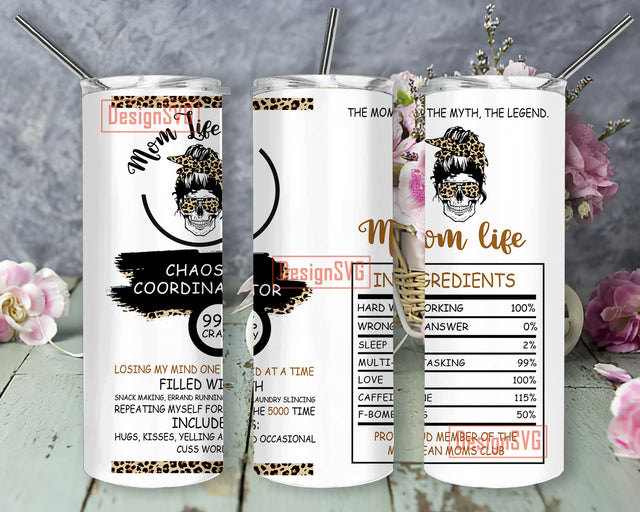 Mom Life Chaos Coordinator Design 20oz Skinny Tumbler Design Png, Mom Bun Hair Tumbler for Straight/Tapered Tumbler Design - PNG Sublimation DesignSVG 