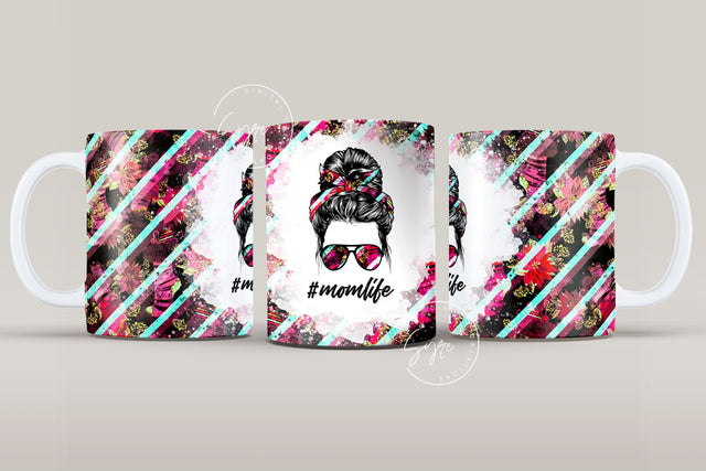 Mom Life Floral Messy Bun Hair Sublimation Mug Template, Coffee Mug Wrap, 11 & 15 Oz Mug Wrap, Cricut Mug Press Sublimation Wrap Template Sublimation Syre Digital Creations 