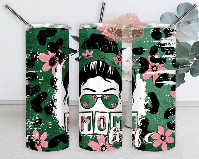 Mom Life Floral Tumbler Png, Messy Bun Pink and Green 20oz Tumbler Wrap, Leopard Floral Design Png, Mother Day Sublimation Design for Straight, Instant Download Sublimation Rabbitmakies 