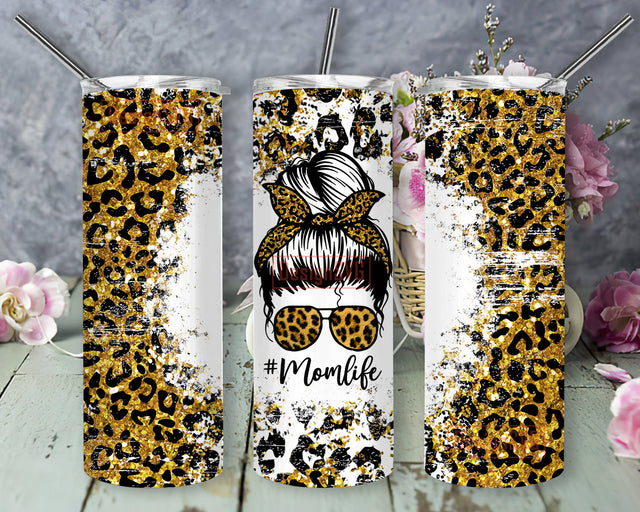 Mom Life Leopard 20oz Full Tumbler Wrap, Messy Bun Leopard Tumbler Png, Mom Glitter Gold Png, Mom Sublimation Design, Mother's Day Gift, Instant Download Sublimation DesignSVG 