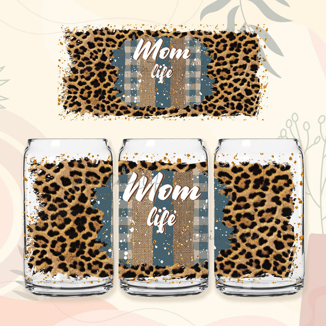 Mom Life Leopard Cow Print 16 oz Libbey Glass Can, Mama Sublimation png, file Sunflower Gift for mom ,Mother's Day PNG Digital Download Sublimation PrintingLife 