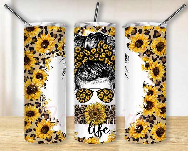 Mom Life Leopard Tumbler Png, Messy Bun Mom Sunflower 20oz Skinny Png, Leopard Sunflower Tumbler Wrap, Mom Gift, Digital Download Sublimation BouDesign 
