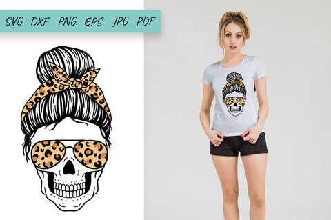 Mom life Skull Svg, Messy Bun Skull with leopard print Svg SVG Irina Ostapenko 