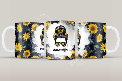 Mom Life Sunflower Messy Bun Hair Sublimation Mug Template, Coffee Mug Wrap, 11 & 15 Oz Mug Wrap, Cricut Mug Press Sublimation Wrap Template Sublimation Syre Digital Creations 