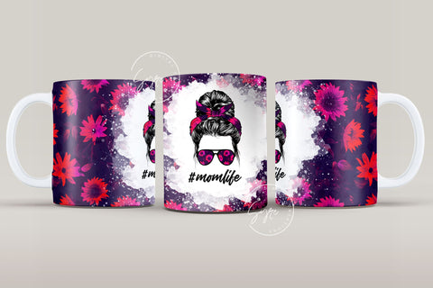 Mom Life Sunflower Messy Bun Hair Sublimation Mug Template, Coffee Mug Wrap, 11 & 15 Oz Mug Wrap, Cricut Mug Press Sublimation Wrap Template Sublimation Syre Digital Creations 