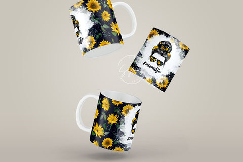 Mom Life Sunflower Messy Bun Hair Sublimation Mug Template, Coffee Mug Wrap, 11 & 15 Oz Mug Wrap, Cricut Mug Press Sublimation Wrap Template Sublimation Syre Digital Creations 