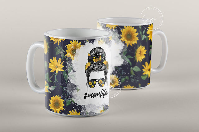 Mom Life Sunflower Messy Bun Hair Sublimation Mug Template, Coffee Mug Wrap, 11 & 15 Oz Mug Wrap, Cricut Mug Press Sublimation Wrap Template Sublimation Syre Digital Creations 