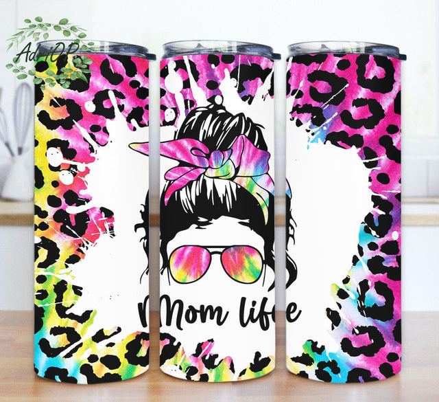 Mom Life Tumbler Design, Messy Bun Mom 20oz Skinny Tumbler, Mom Tumbler Png, Leopard Tye Die Tumbler Wrap, Mother's Day Png, Instant Download Sublimation AdriOP 