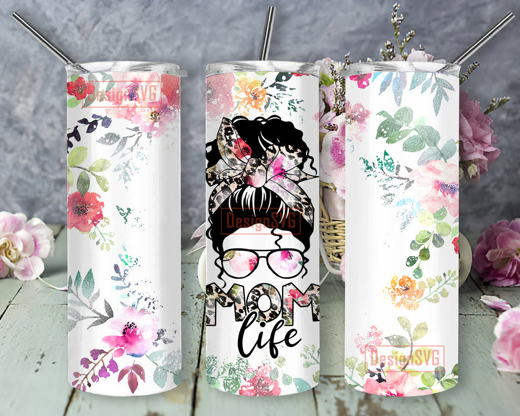 Mom Life Tumbler Png, Messy Bun Mom Leopard 20oz Skinny Tumbler ...