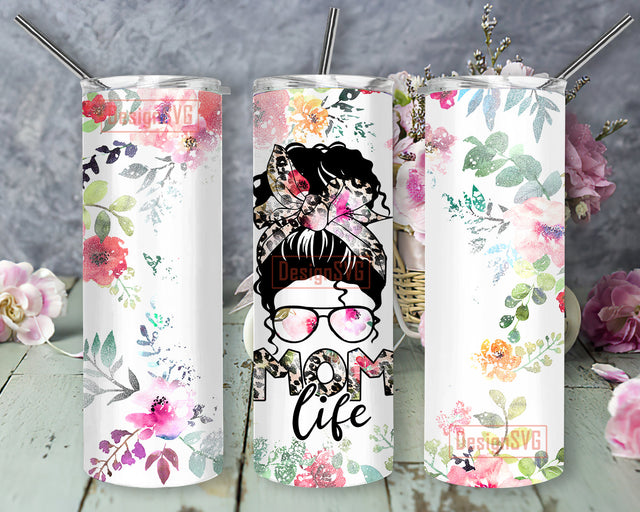 Mom Life Tumbler Png, Messy Bun Mom Leopard 20oz Skinny Tumbler, Watercolor Floral Tumbler Wrap, Mother Day Sublimation Design, Instant Download Sublimation DesignSVG 