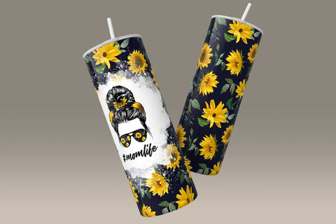 Mom Life Tumbler Wrap PNG, Add Your Own Text, Hair Messy Bun, Sun Flower Tumbler Design, Seamless Sublimation Design, Skinny 20 oz Design Sublimation Syre Digital Creations 