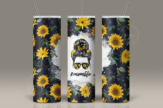 Mom Life Tumbler Wrap PNG, Add Your Own Text, Hair Messy Bun, Sun Flower Tumbler Design, Seamless Sublimation Design, Skinny 20 oz Design Sublimation Syre Digital Creations 