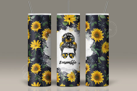 Mom Life Tumbler Wrap PNG, Add Your Own Text, Hair Messy Bun, Sun Flower Tumbler Design, Seamless Sublimation Design, Skinny 20 oz Design Sublimation Syre Digital Creations 