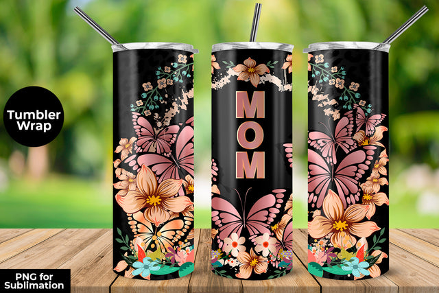 MOM Lilac Butterflies & Flowers 20 oz Skinny Tumbler Wrap Sublimation Design Sublimation Sublimatiz Designs 