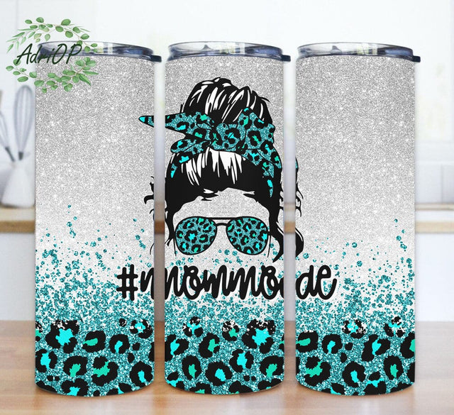 Mom Mode Tumbler Design, Messy Bun Mom 20oz Skinny Png, Mom Tumbler Png, Blue Leopard Glitter Tumbler Wrap, Mother's Day Gift, Digital Download Sublimation AdriOP 