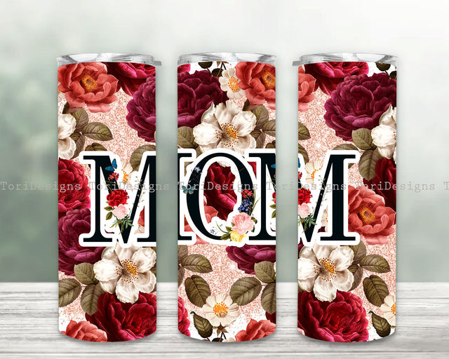 Mom Mother's Day Red Rose Floral Sublimation Tumbler, Mother's Day 20oz Skinny Tumblers Straight & Tapered Designs Digital file PNG Sublimation ToriDesigns 