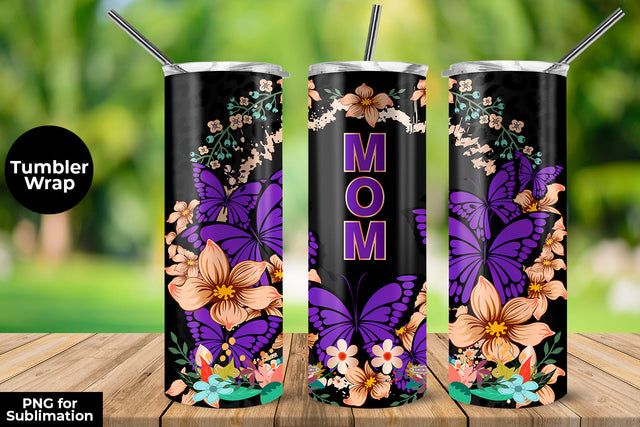 MOM Purple Butterflies & Flowers 20 oz Skinny Tumbler Wrap Sublimation Design Sublimation Sublimatiz Designs 