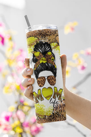 Mom Softball Messy Bun 20 oz Skinny Tumbler Wrap, Mother's Day Gift, Gift For Mom, tumbler PNG Sublimation CaldwellArt 