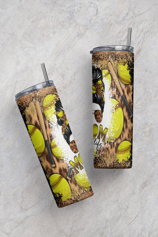 Mom Softball Messy Bun 20 oz Skinny Tumbler Wrap, Mother's Day Gift, Gift For Mom, tumbler PNG Sublimation CaldwellArt 