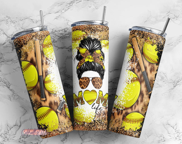 Mom Softball Messy Bun 20 oz Skinny Tumbler Wrap, Mother's Day Gift, Gift For Mom, tumbler PNG Sublimation CaldwellArt 
