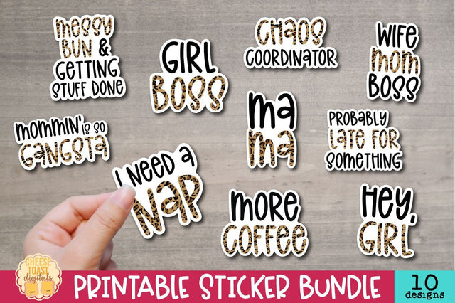 Mom Stickers Bundle | 10 Leopard Print Sticker Designs SVG Cheese Toast Digitals 