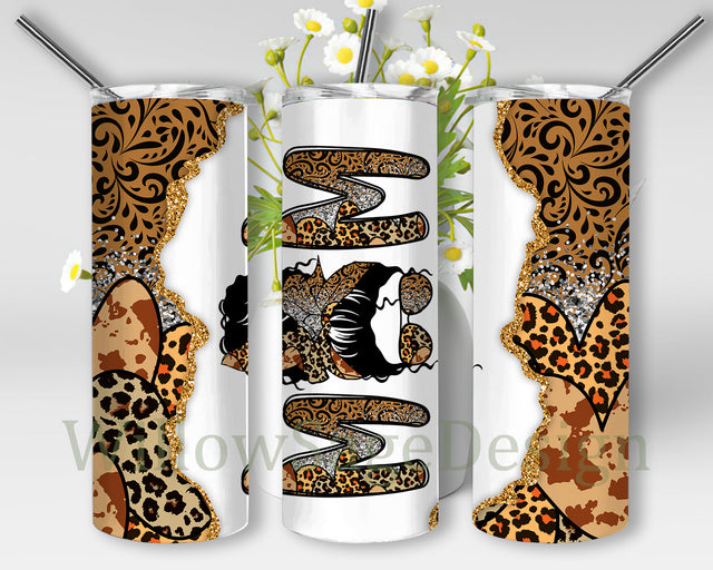 Mom Tumbler Png, Messy Bun Mom 20oz Skinny Tumbler, Heart Leopard Design Png, Mother's Day Sublimation Design, Instant Download Sublimation WillowSageDesign 
