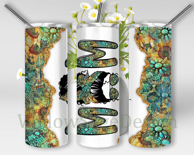 Mom Tumbler Png, Sunflower Gemstone Turquoise 20oz Full Tumbler Wrap, Messy Bun Mom Design Png, Western Mom Tumbler Design, Mom Sublimation Design, Digital Download Sublimation WillowSageDesign 