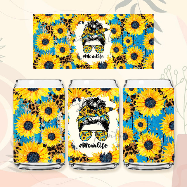 Momlife messy bun 16 oz Libbey Glass Can Tumbler ,Mama Sunflower sublimation design, Momlife Leopard , Mother's day gift, Mom life png Sublimation 16oz Sublimation PrintingLife 