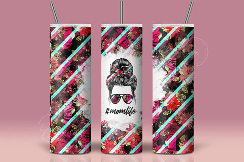 MomLife Tumbler Wrap, Add Your Own Text, Hair Messy Bun, Christmas Stockings Flower Design, Seamless Sublimation Design, Skinny 20 oz Design Sublimation Syre Digital Creations 