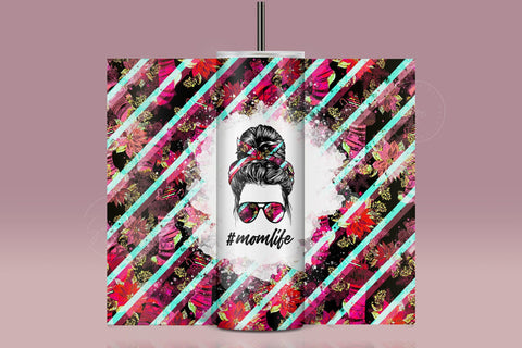 MomLife Tumbler Wrap, Add Your Own Text, Hair Messy Bun, Christmas Stockings Flower Design, Seamless Sublimation Design, Skinny 20 oz Design Sublimation Syre Digital Creations 