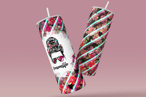 MomLife Tumbler Wrap, Add Your Own Text, Hair Messy Bun, Christmas Stockings Flower Design, Seamless Sublimation Design, Skinny 20 oz Design Sublimation Syre Digital Creations 