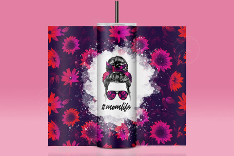 MomLife Tumbler Wrap PNG, Add Your Own Text, Hair Messy Bun, Pink SunFlower Tumbler Design, Seamless Sublimation Design, Skinny 20 oz Design Sublimation Syre Digital Creations 