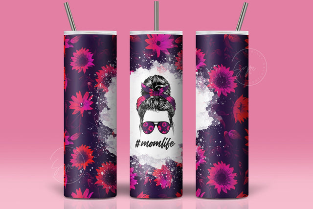 MomLife Tumbler Wrap PNG, Add Your Own Text, Hair Messy Bun, Pink SunFlower Tumbler Design, Seamless Sublimation Design, Skinny 20 oz Design Sublimation Syre Digital Creations 