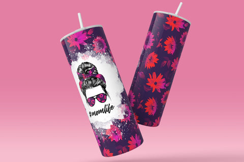 MomLife Tumbler Wrap PNG, Add Your Own Text, Hair Messy Bun, Pink SunFlower Tumbler Design, Seamless Sublimation Design, Skinny 20 oz Design Sublimation Syre Digital Creations 