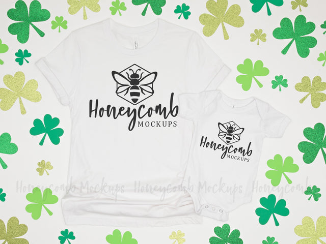 Mommy and Me St Patrick's Day Mockup, Mom and Baby Mockup, Bella Canvas 3001 and 100B Mock Up Photo Honeycomb Mockups 
