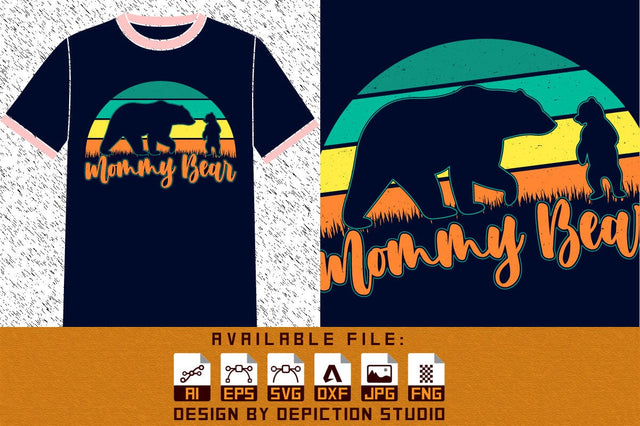 Mommy Bear T-Shirt, Mother's Day Bear Shirt, Mama Bear T-shirt, Mother's Day Retro Vintage Sunset Bear Shirt Print Template Sketch DESIGN Depiction Studio 